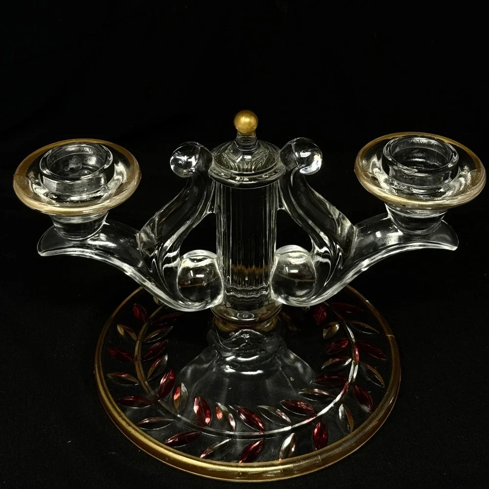Indiana Glass Laurel‎ Double Arm Candle Holder Set 2 Gold Red Trim Accent 40s